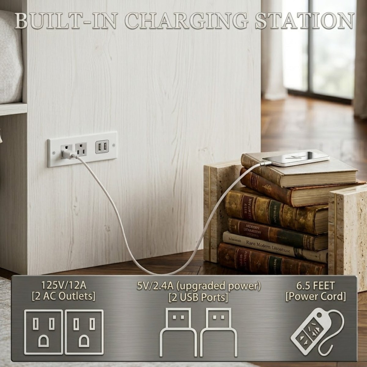 Infographic showing built-in charging station on the side of the bed.