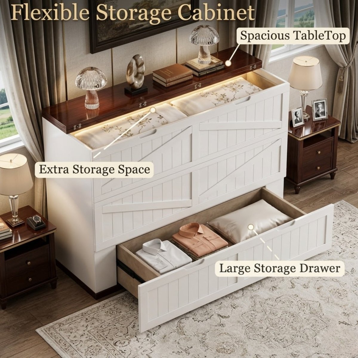 Infographic showing the details of the cabinet bed folded. With spacious tabletop, extra storage space and large storage drawer