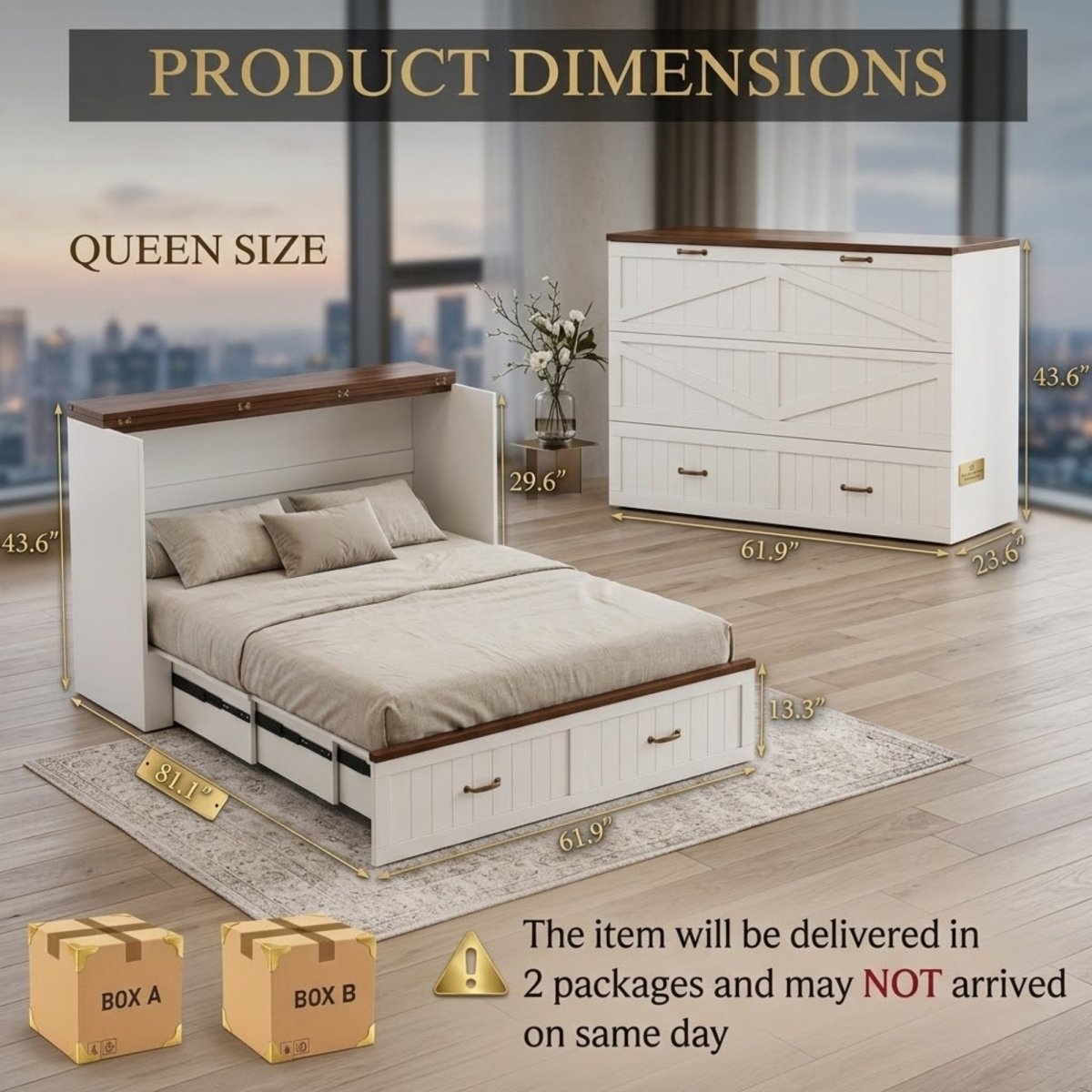 Infographic showing step by step folding mechanism and exact product dimensions for the space saving queen size cabinet bed
