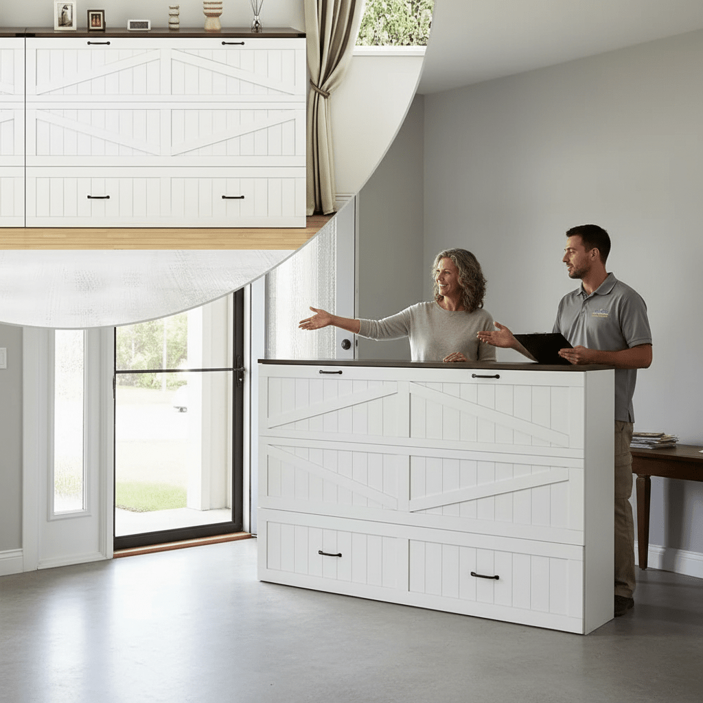 Infographic showing step by step folding mechanism and exact product dimensions for the space saving queen size cabinet bed