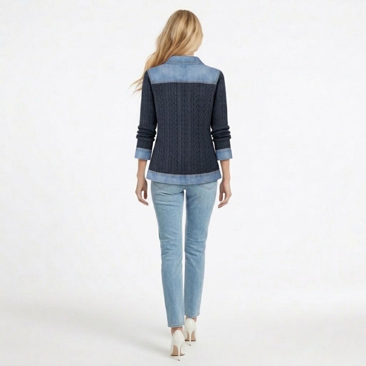 Back view of Kouvr women's navy cable knit shacket showing the structured light wash denim shoulder yoke and bottom hem.