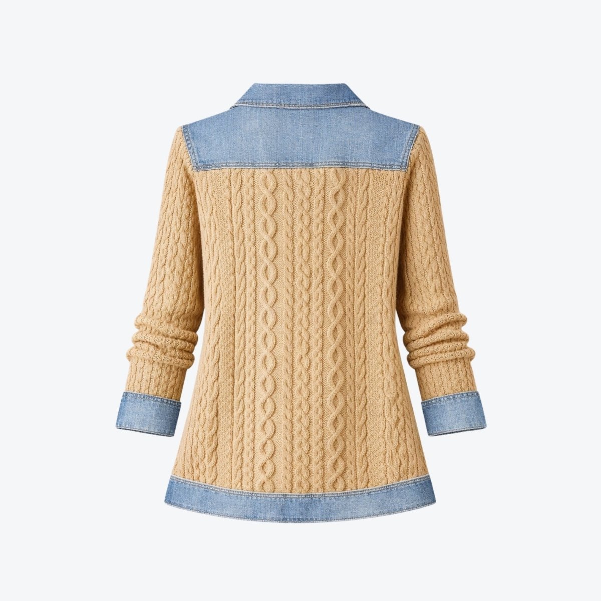 Back detail of Kouvr mixed media top showing denim yoke and textured camel cable knit body on white background.