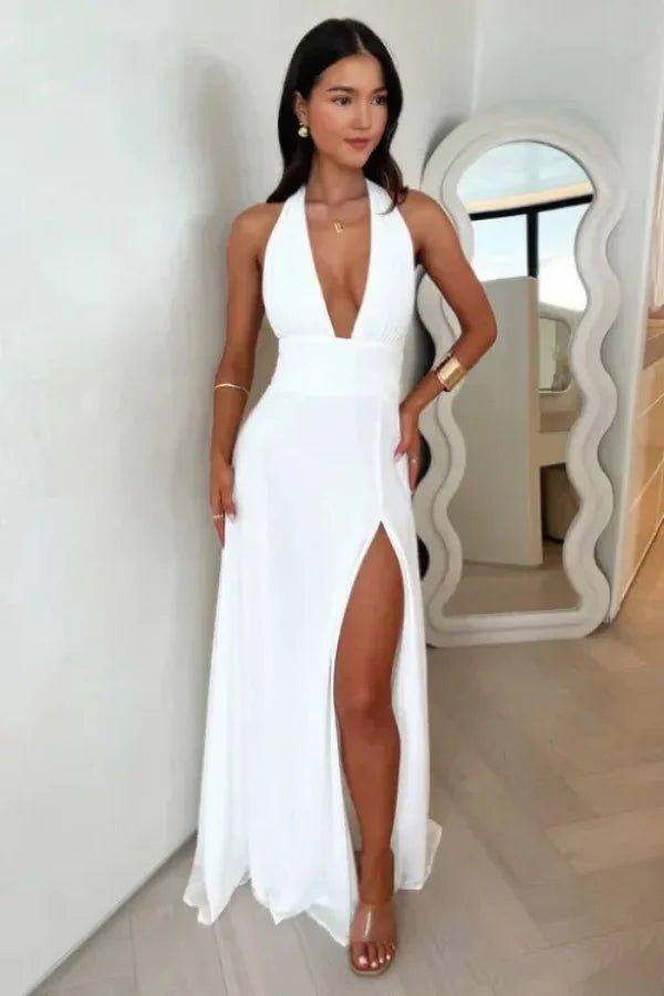 plunging v-neck dress, high slit gown, open-back maxi, resort formal wear, white wedding guest dress, floor-length summer dress.