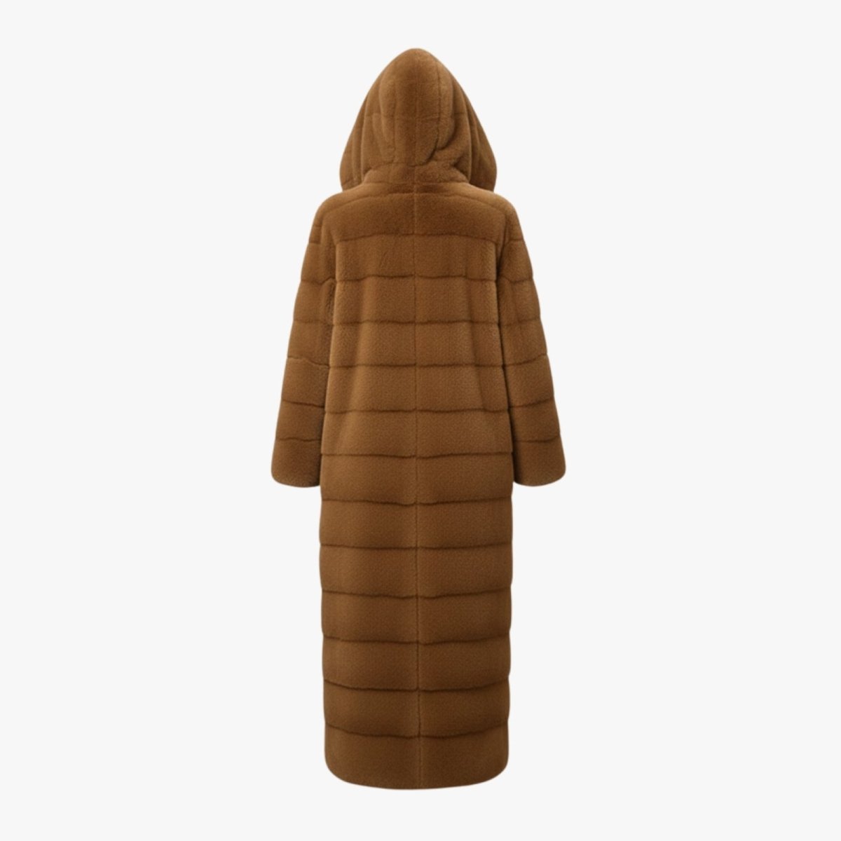 Back view of the Kouvr hooded faux fur maxi coat laid flat against a white background.