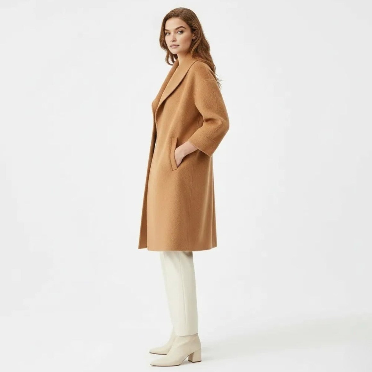 Side profile of a model wearing the Kouvr camel relaxed fit wool coat with hand in pocket.