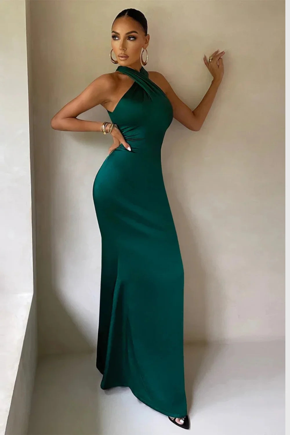 Emerald Halter Neck Satin Gown | Backless Mermaid Formal Evening Dress |  Long Sleeveless Wedding Guest Gown For Women