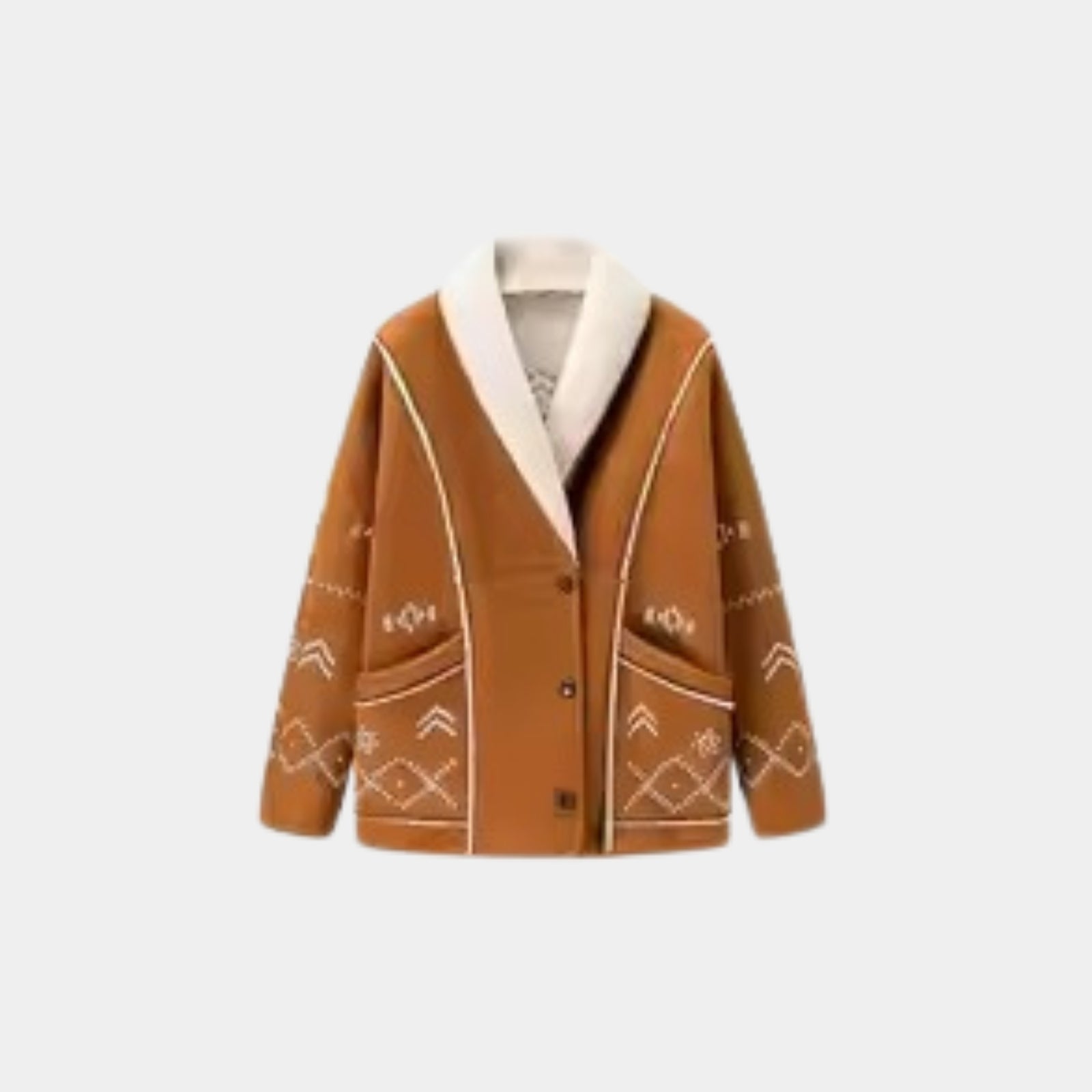 Flat lay product shot of the front of a caramel brown shearling lined jacket with white embroidery.