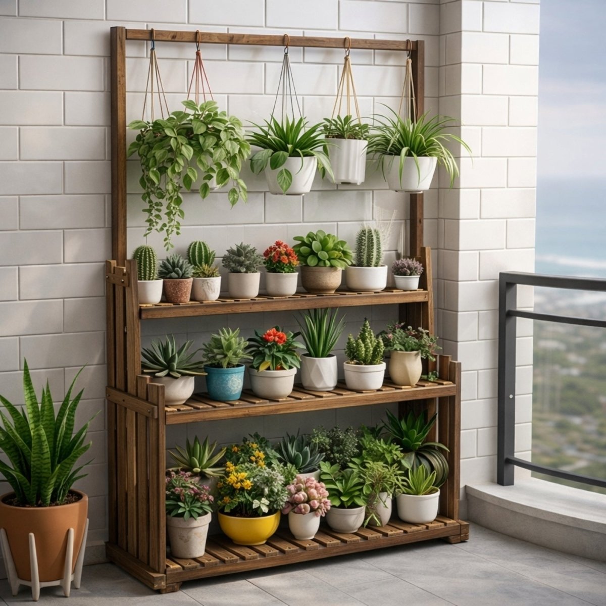 Close-up detail of the carbonized pine wood finish on a multi-tier plant organizer rack, showing the slatted shelf design.