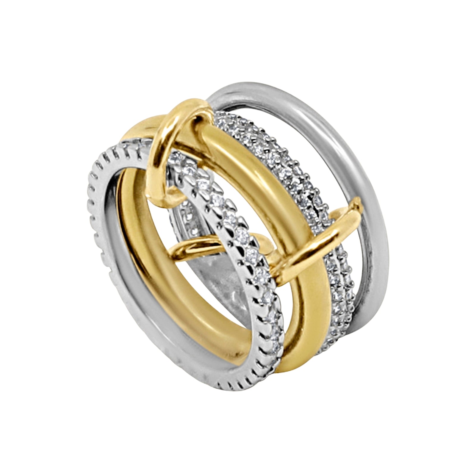 Kouvr interlocking rings in gold, silver, and white on a white background