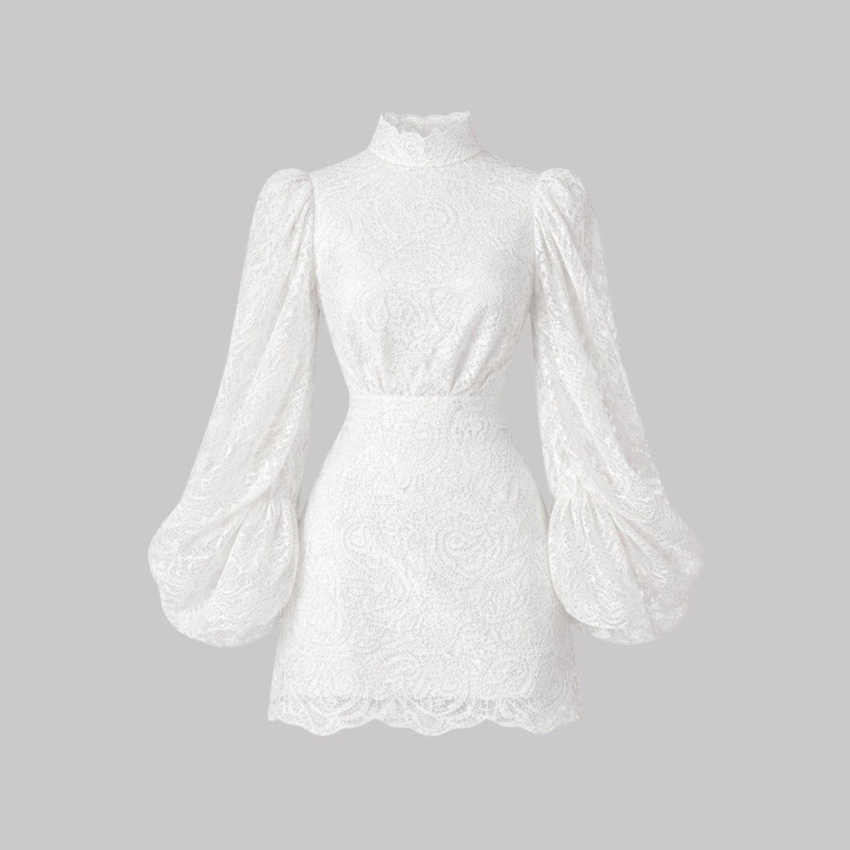 Flat product shot of the front of the Cassie white lace mini dress with long puff sleeves on a light grey background.
