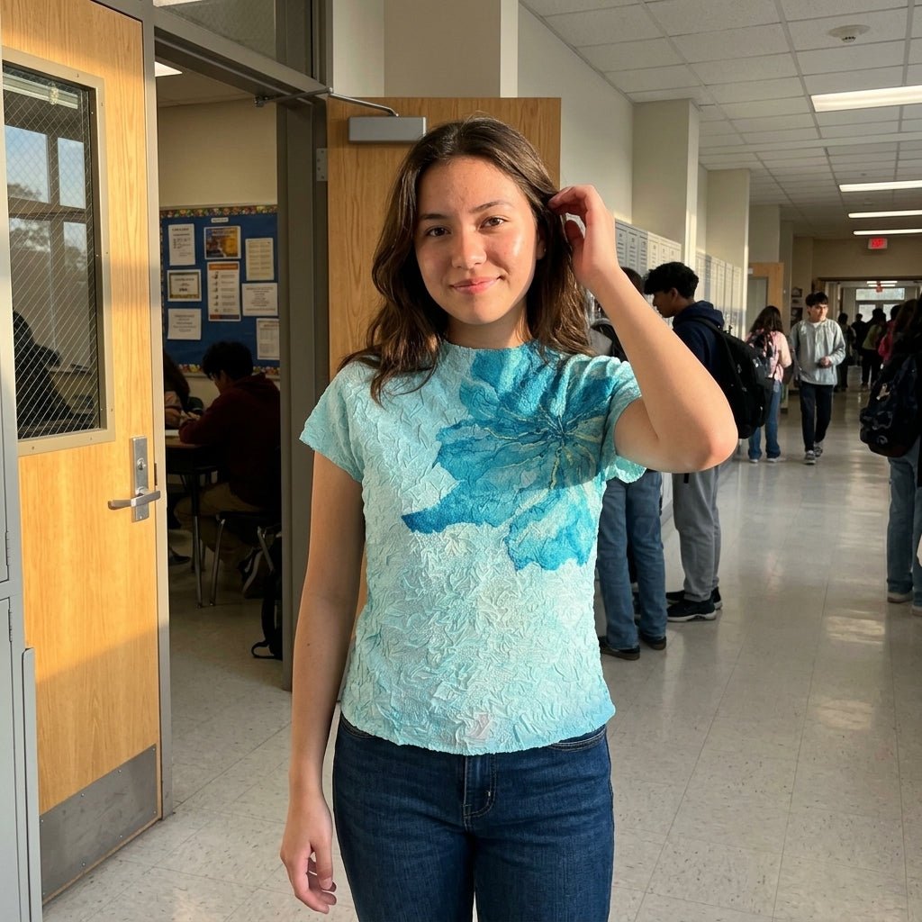 Young woman styling a versatile blue crinkle floral top with casual denim jeans standing in a sunlit school hallway