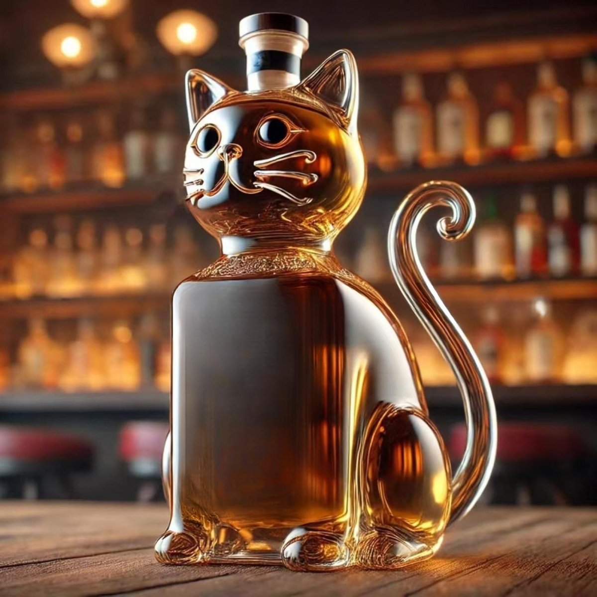 Side profile of the elegant Kouvr cat whiskey decanter showing the curved glass tail and artisan craftsmanship.