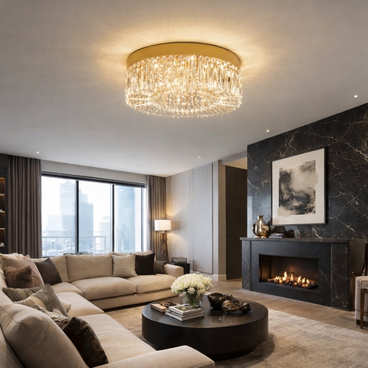 Luxury gold crystal flush mount chandelier illuminating a modern living room with warm ambient light and ceiling shadow patterns.