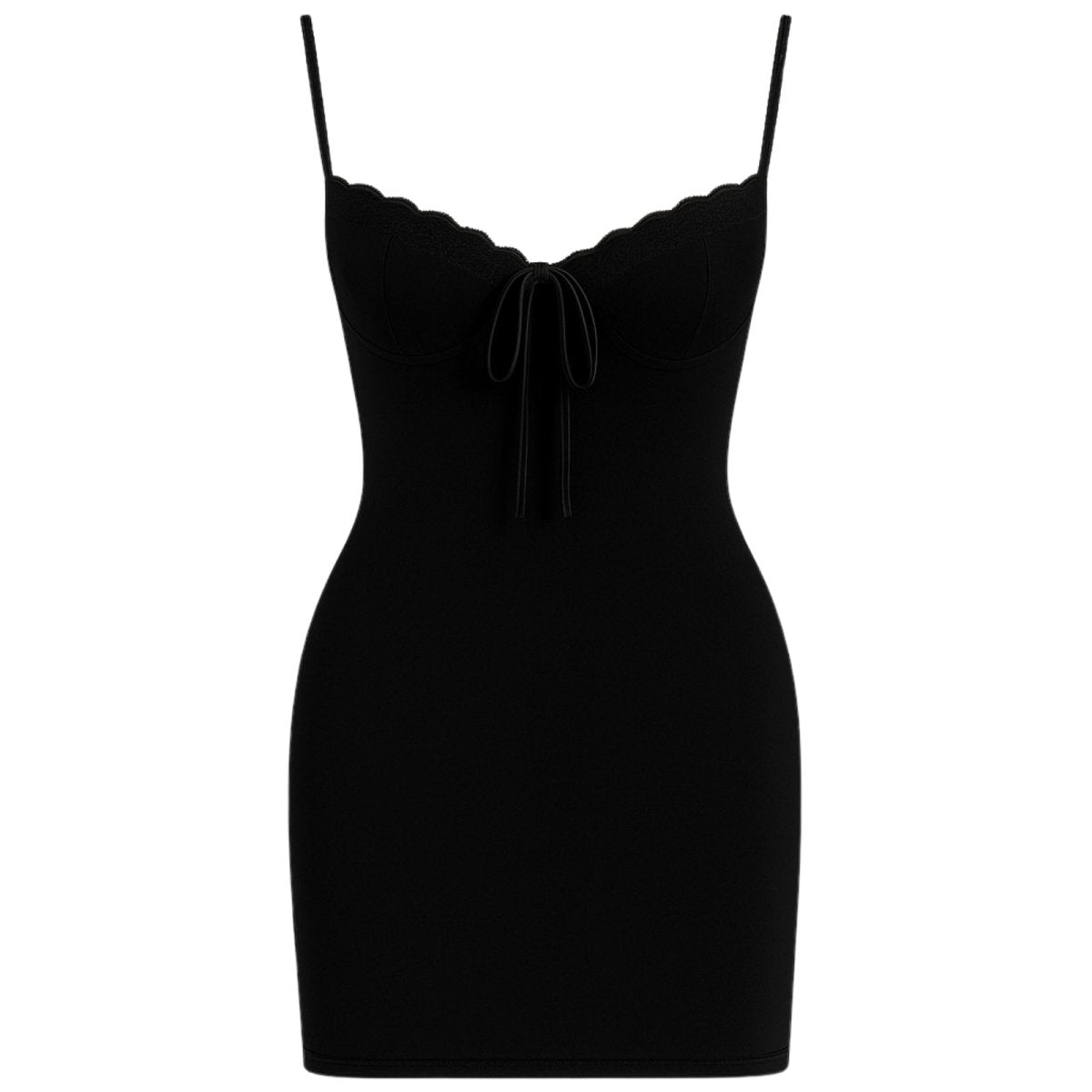 Black slip dress with thin straps on a white background
