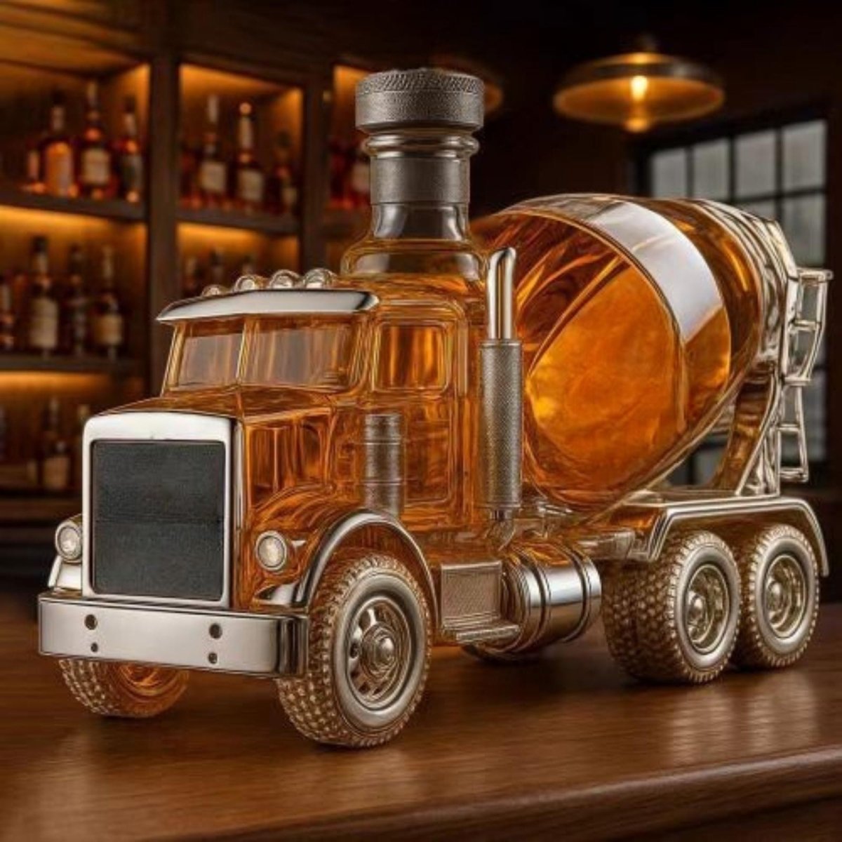 Side profile of the Kouvr cement mixer truck whiskey decanter filled with amber liquid, sitting on a wooden bar with a softly lit background.