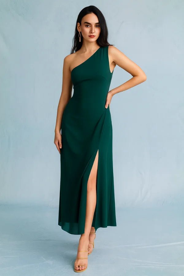 Green One-Shoulder Maxi Dress | Asymmetrical Formal Gown with High Slit |  Elegant Wedding Guest & Black Tie Evening Wear | Sleeveless