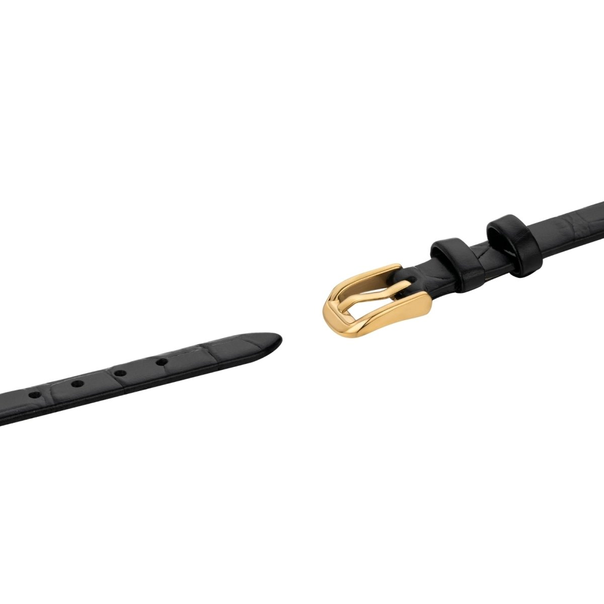 Black leather Kouvr belt with a gold buckle on a white background