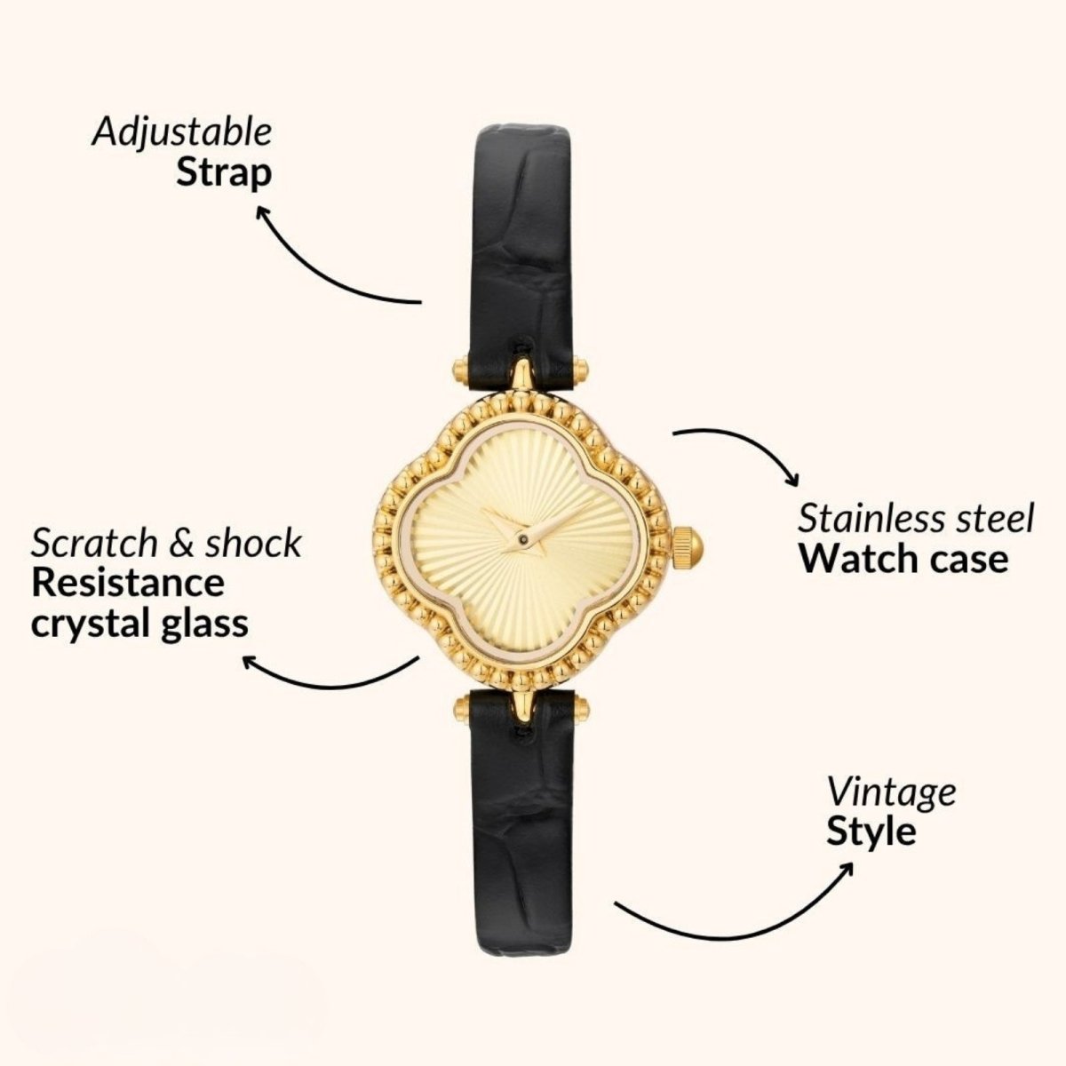 Gold Kouvr watch with black strap on a white background, labeled for features.