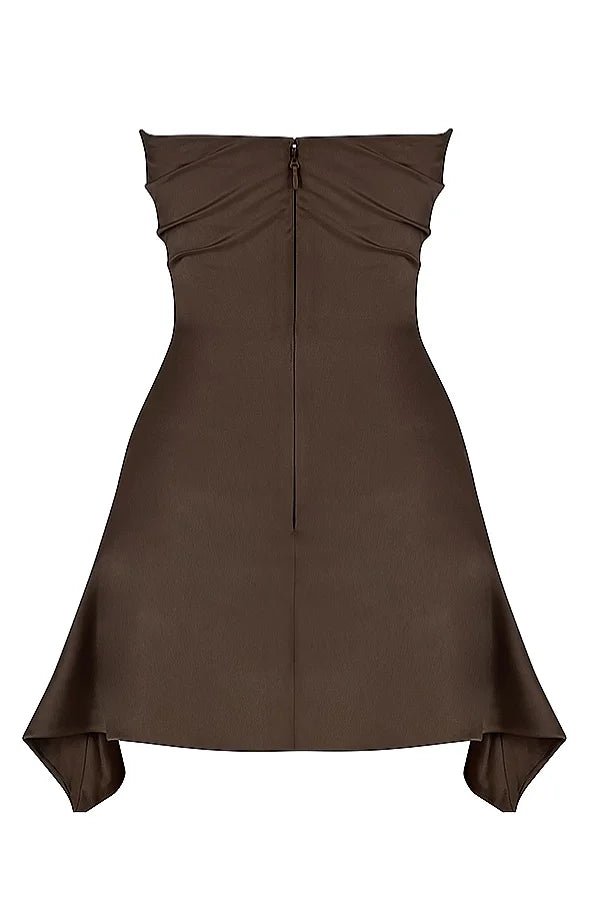 sculptural hem," "bandeau bodice," "asymmetrical party dress," "evening wear