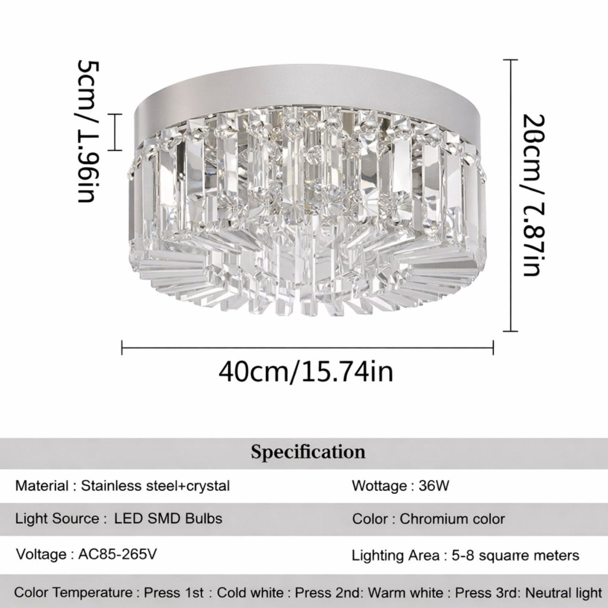 Technical sizing chart for chrome crystal ceiling light 16-inch diameter, suitable for 5-8 square meter rooms.