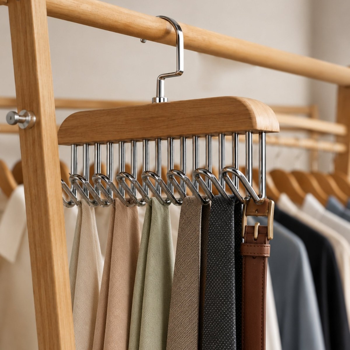 Kouvr wooden tie and belt hanger rack with sleek chrome U-hooks organizing folded neckties and a brown leather belt.