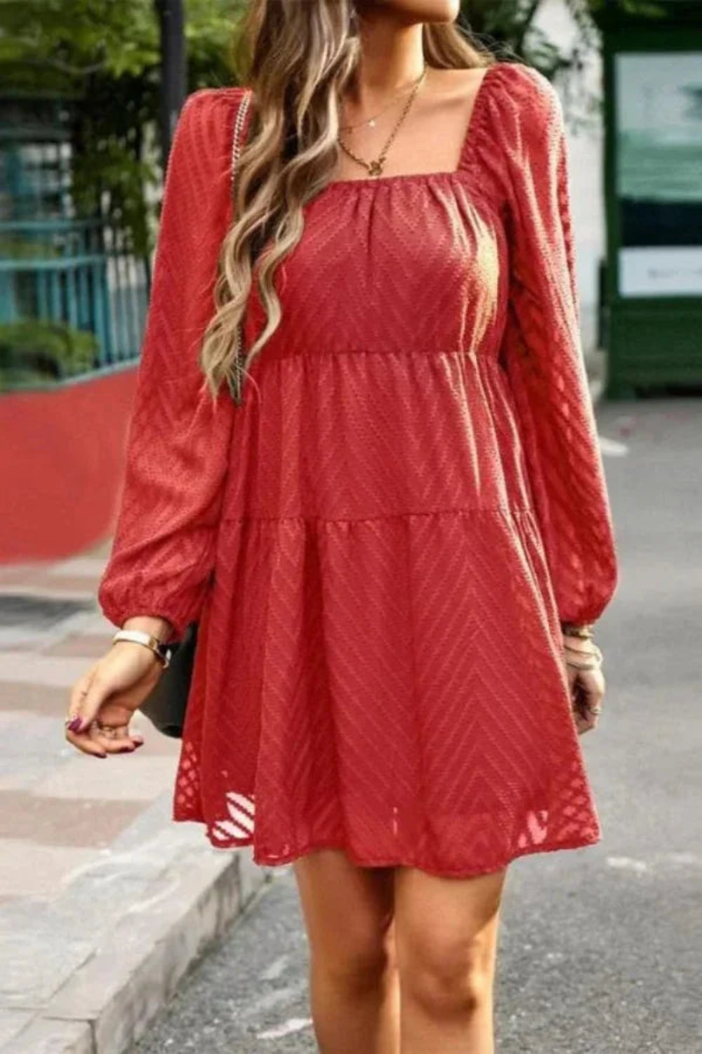 bishop sleeve', 'babydoll silhouette', 'rust color dress', 'cottagecore aesthetic', 'autumnal outfit