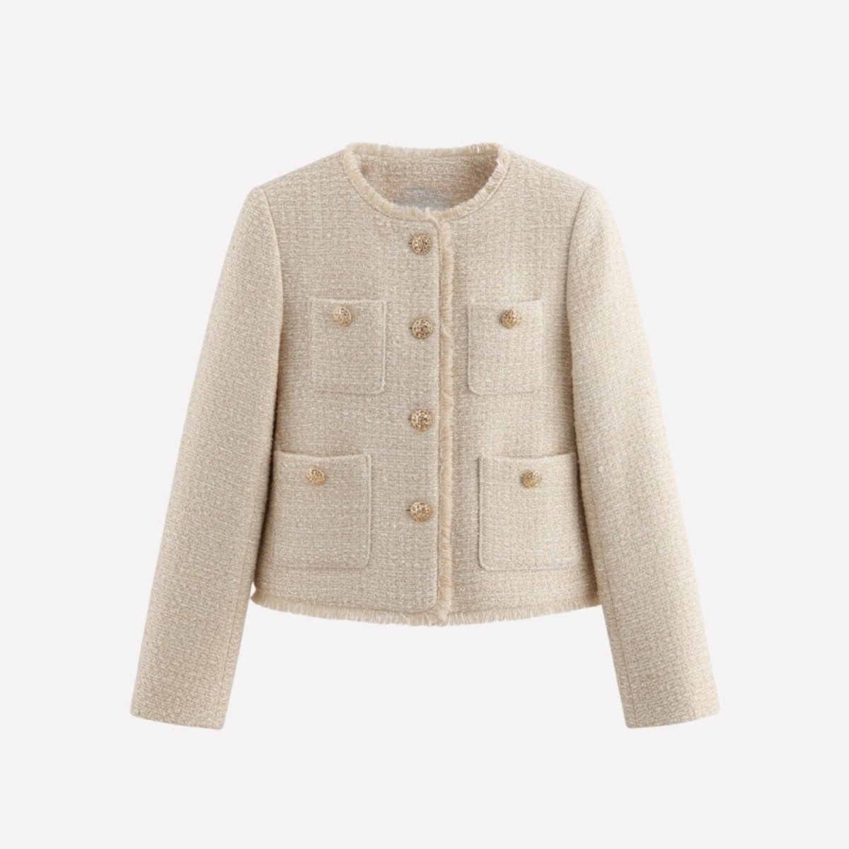 Flat lay front view of the Kouvr beige boucle tweed jacket, detailing the four pockets, gold buttons, and fringe trim.