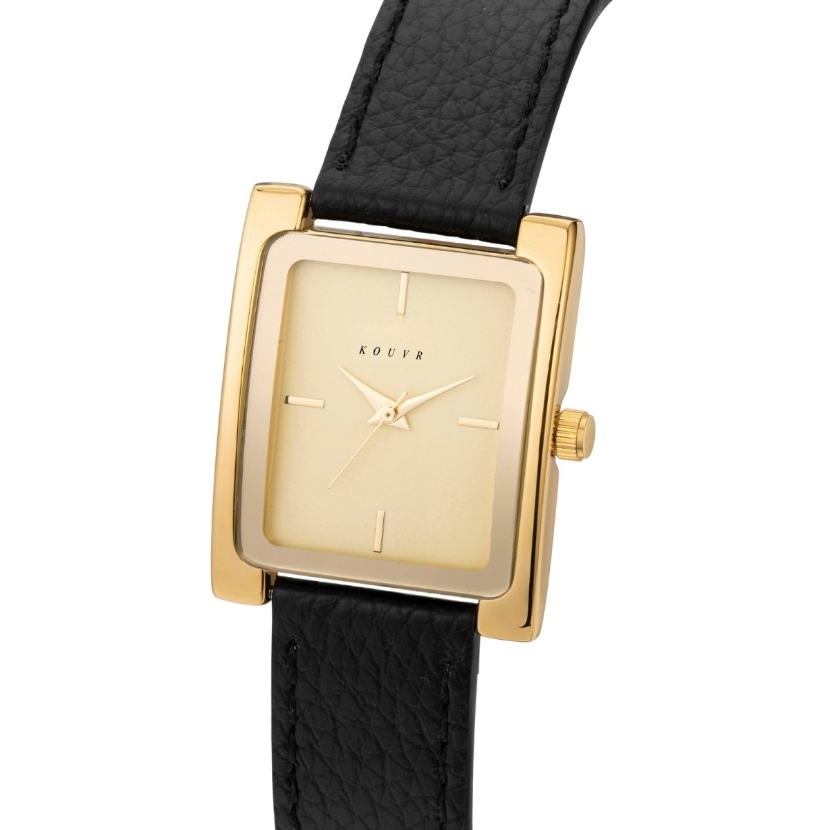 Gold Kouvr framed watch with black leather strap on a white background