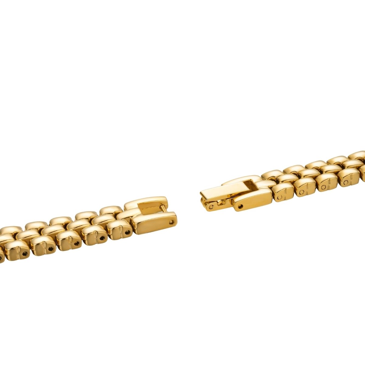 Gold bracelet with a clasp on a white background