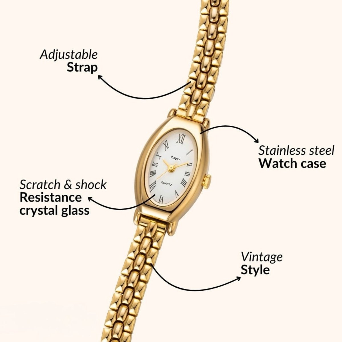 Gold watch with adjustable strap, scratch & shock resistance crystal glass, stainless steel case, and vintage style on a white background.