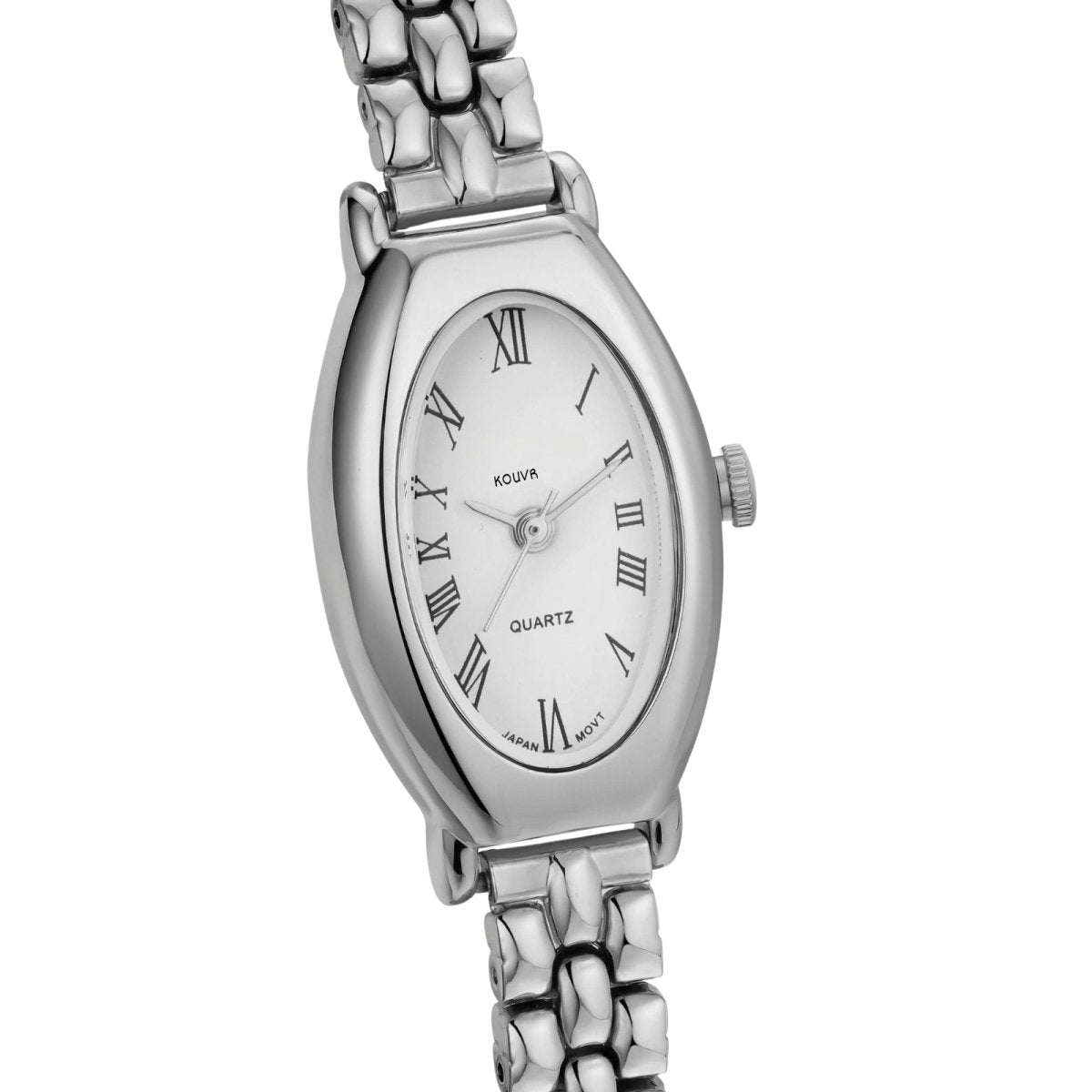 Silver watch with a white face and Roman numeral markers on a white background