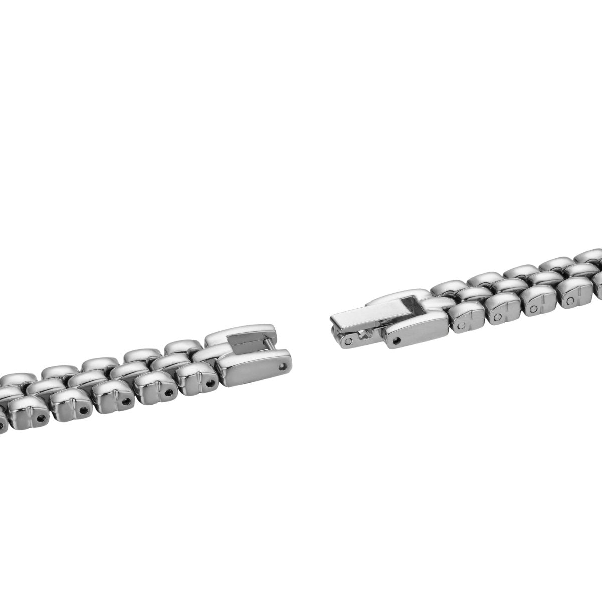 Close-up of a silver chain bracelet on a white background