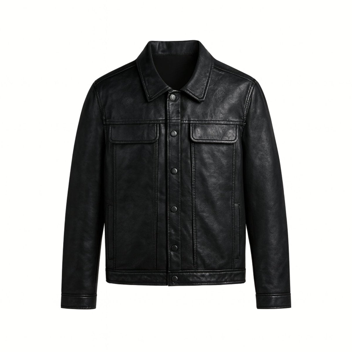 Flat lay product shot of the front of the Kouvr black leather trucker jacket, detailing the chest pockets, collar, and button placket.