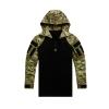Kouvr Clint tactical hoodie, highlighting the contrast between the black stretch torso and the durable multicam sleeve.