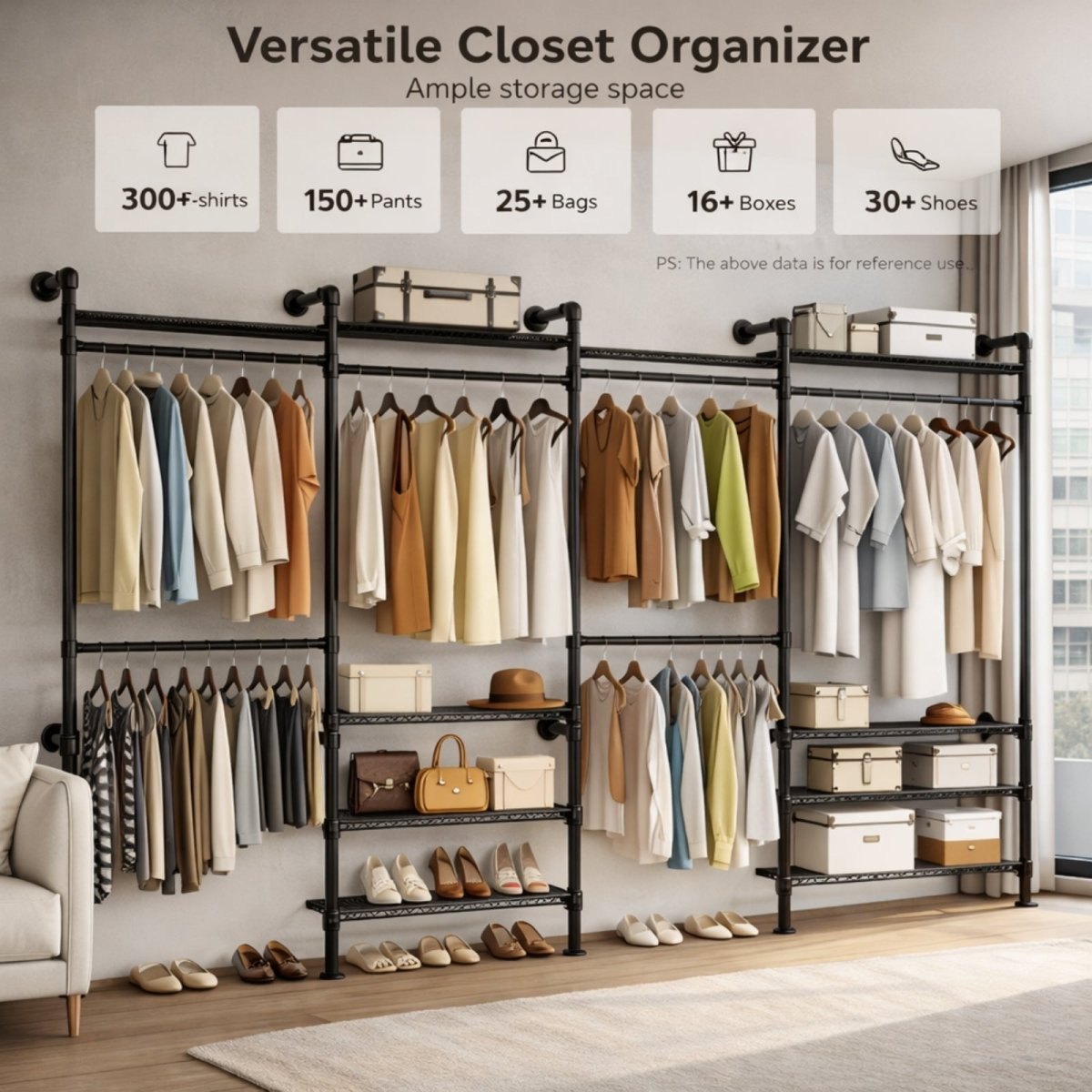 Storage capacity infographic showing the rack holding 300+ shirts, 150+ pants, 25+ bags, and 30+ shoes for maximized wardrobe organization.