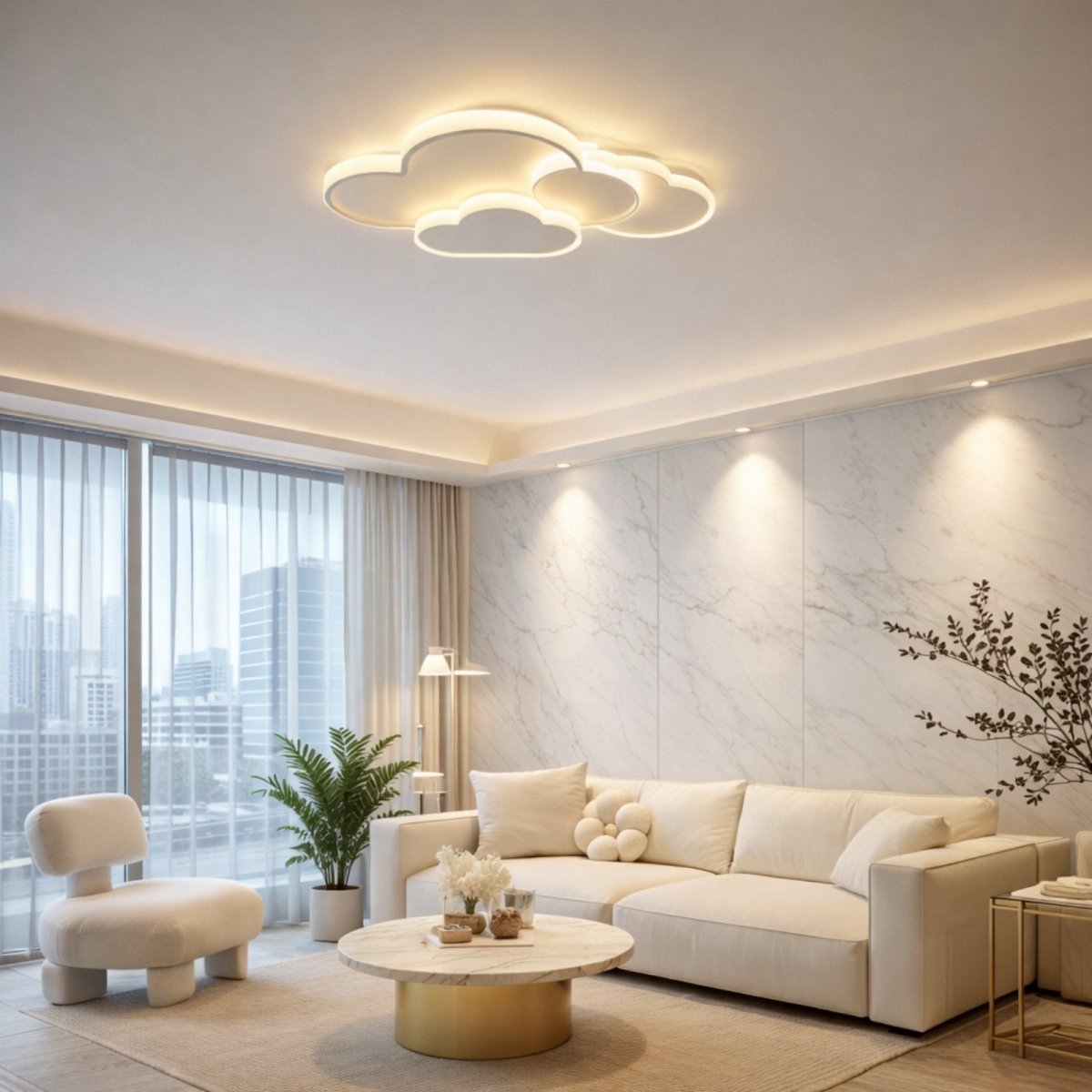 Modern white cloud-shaped LED ceiling light flush mount installed in a luxury minimalist living room with marble walls and beige furniture.