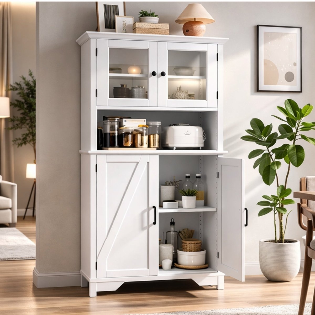 Lifestyle setting showing Kouvr tall storage hutch used as a coffee bar station with toaster and coffee jars, styled with plants in a modern dining room.