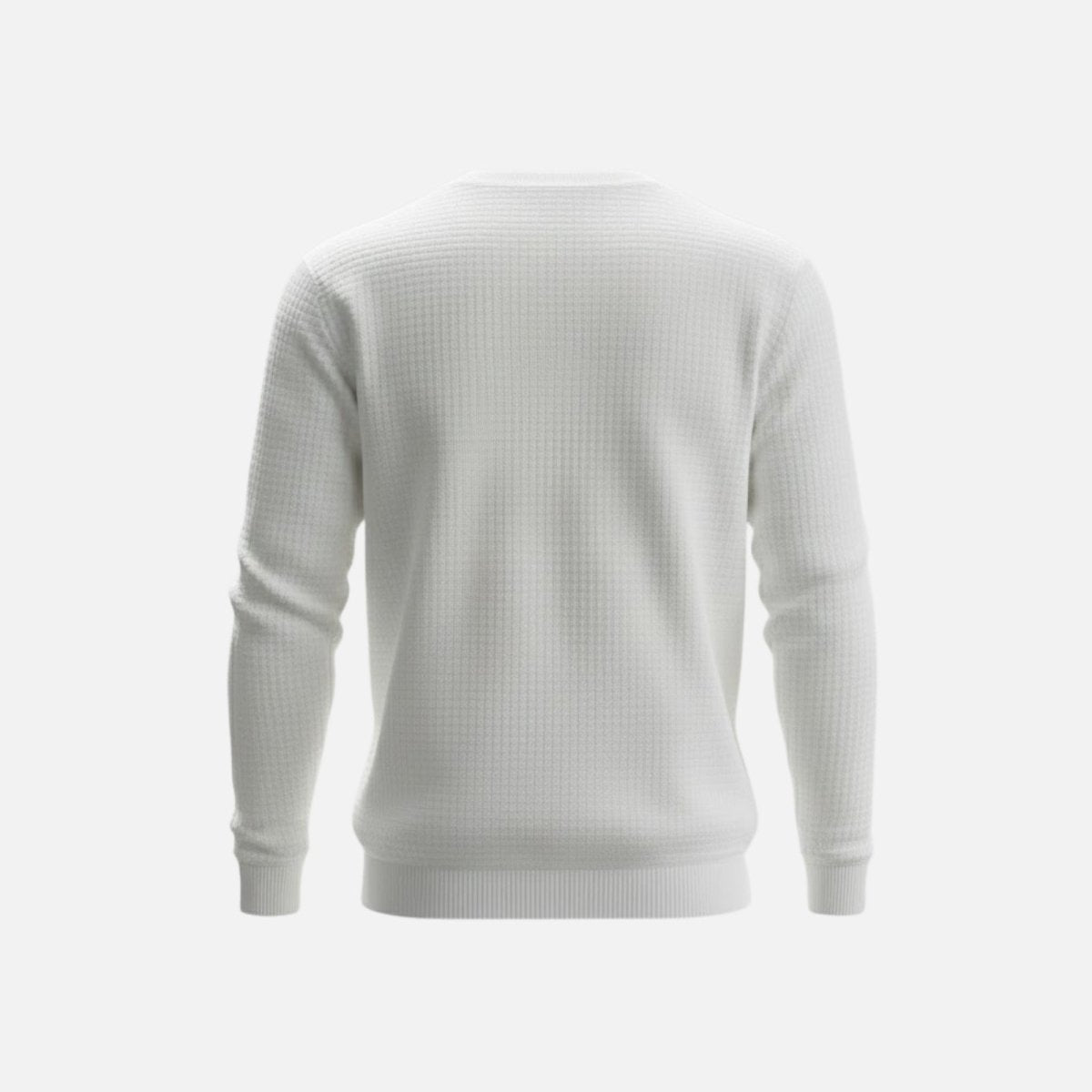 Back view studio shot of the Kouvr Colby textured crewneck sweater, showing the garment's full construction.