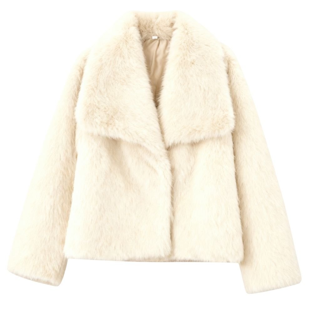 Luxury vegan fur coat
- Women's plush winter jacket
- Cream evening jacket
- Wide collar faux fur coat
- Off-white cropped outerwear