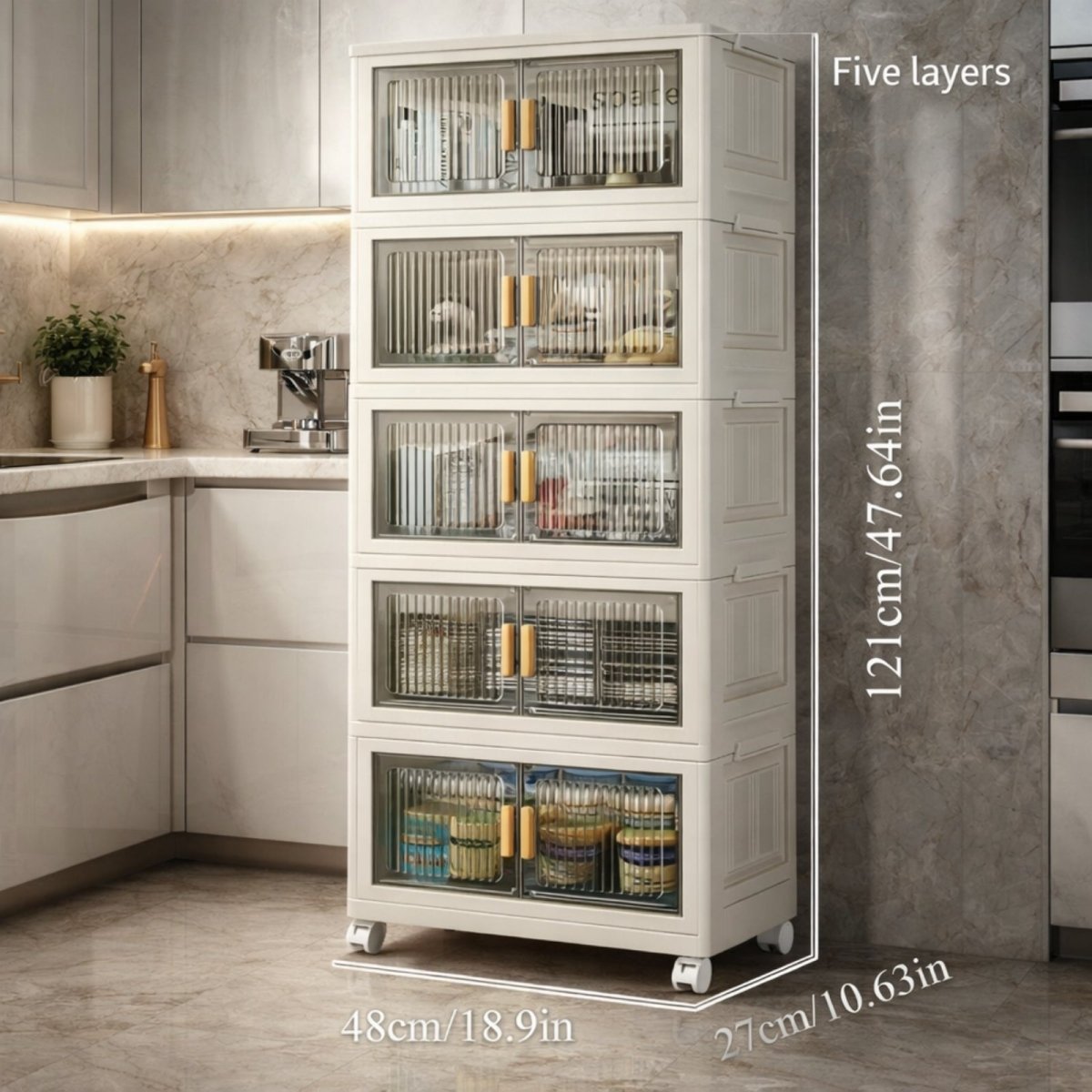 Dimensions of Kouvr 5-layer tall storage unit showing 121cm height and magnetic front access doors.