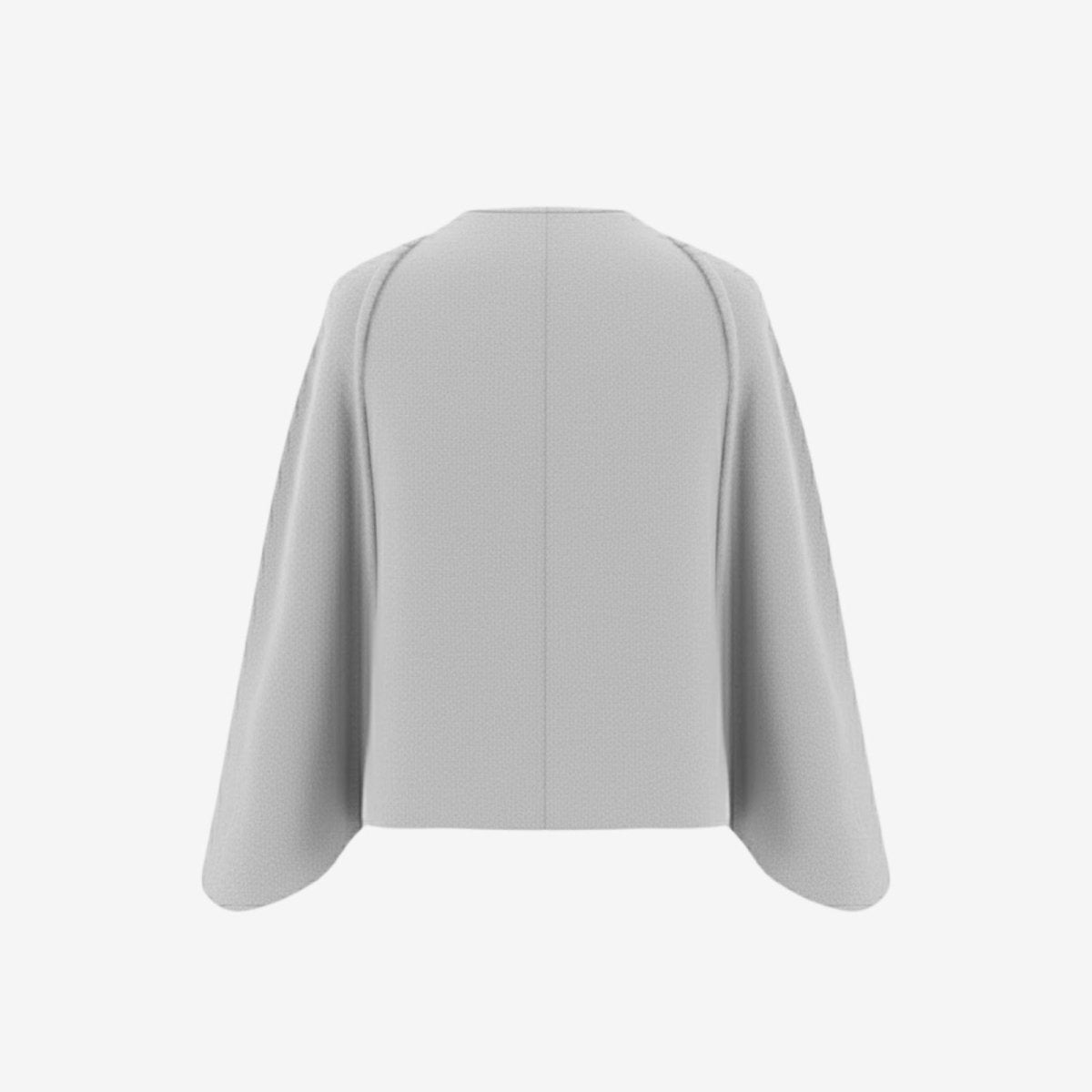 Product-only photo of the Kouvr collarless cape jacket in light grey, back view showing seam details.
