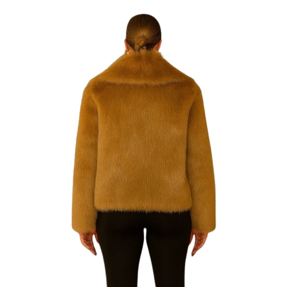 vegan mink," "plush outerwear," "shawl collar coat," "ethical luxury," and "evening jacket