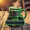 Front view of a detailed ceramic combine harvester mug by Kouvr, filled with steaming coffee and showcasing the intricate grain header and cab.
