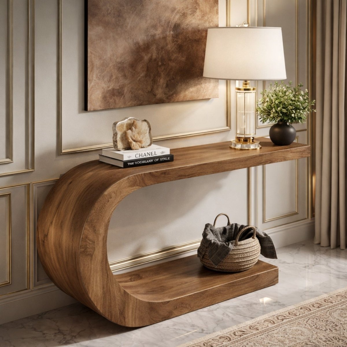 Close-up view of the adjustable metal foot pads underneath the Kouvr C-shaped wooden console table, ensuring stability on uneven floors.