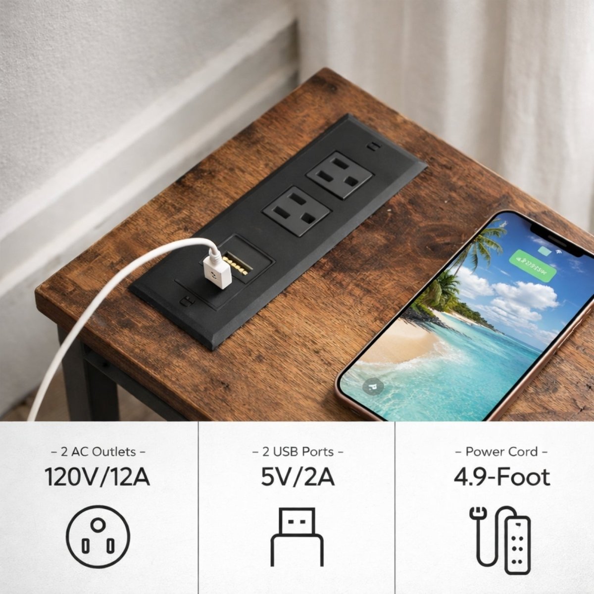Close up of built-in charging station on wood table top featuring 2 AC outlets and 2 USB ports charging a smartphone.