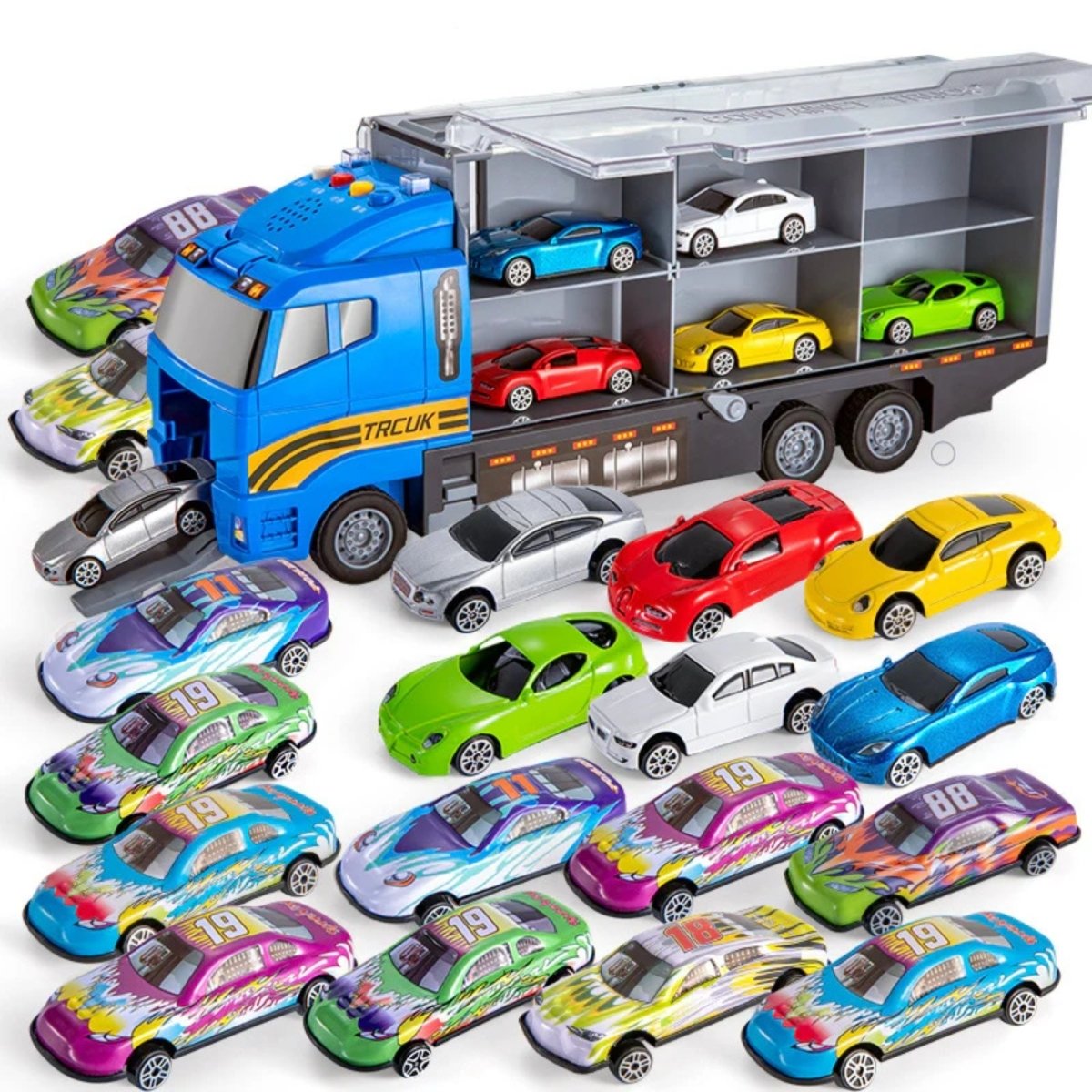 A detailed infographic showing the dimensions of the Kouvr hauler truck and the six individual construction vehicles, with arrows indicating their moving parts.