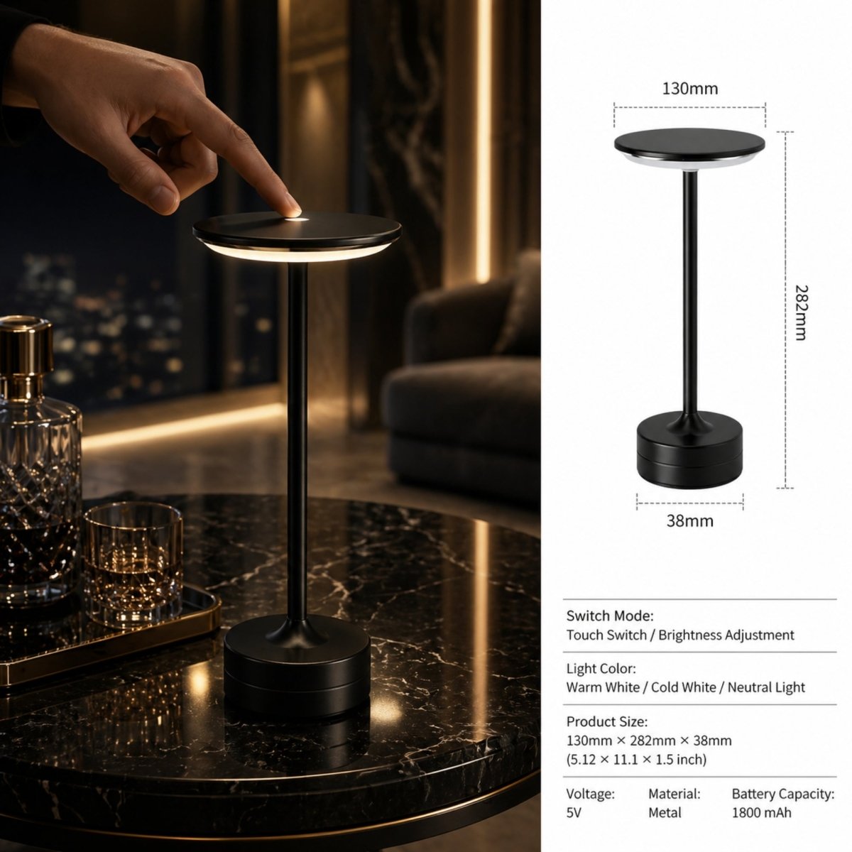 Kouvr luxury cordless metal table lamps illuminating a table in black with dimensions