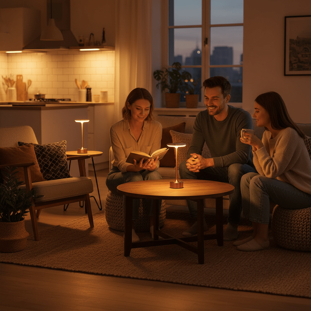 Kouvr luxury cordless metal table lamps illuminating a table in gold, rose gold, and black finishes. Family reading any enjoying.