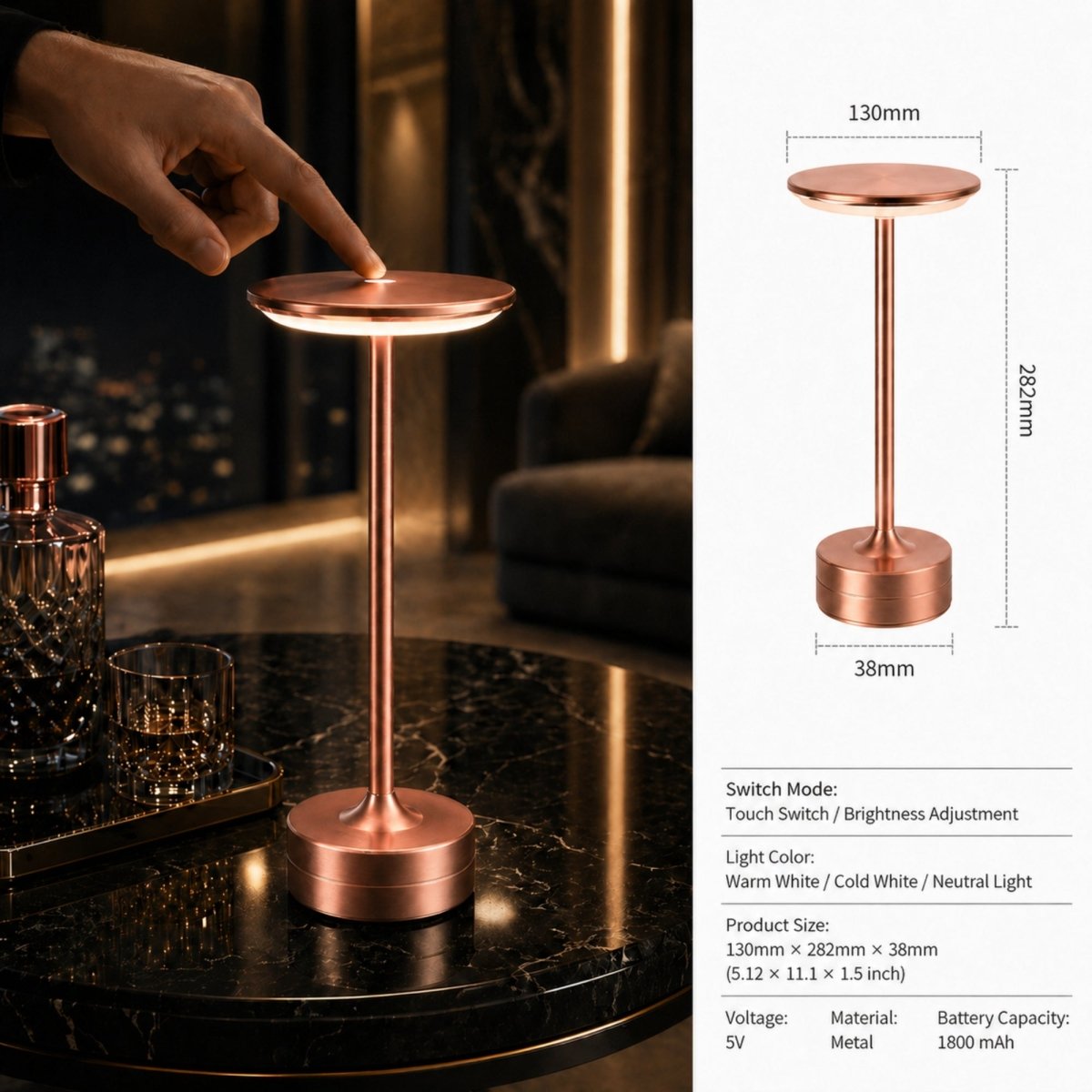 Kouvr luxury cordless metal table lamps illuminating a table in rosegold with dimensions