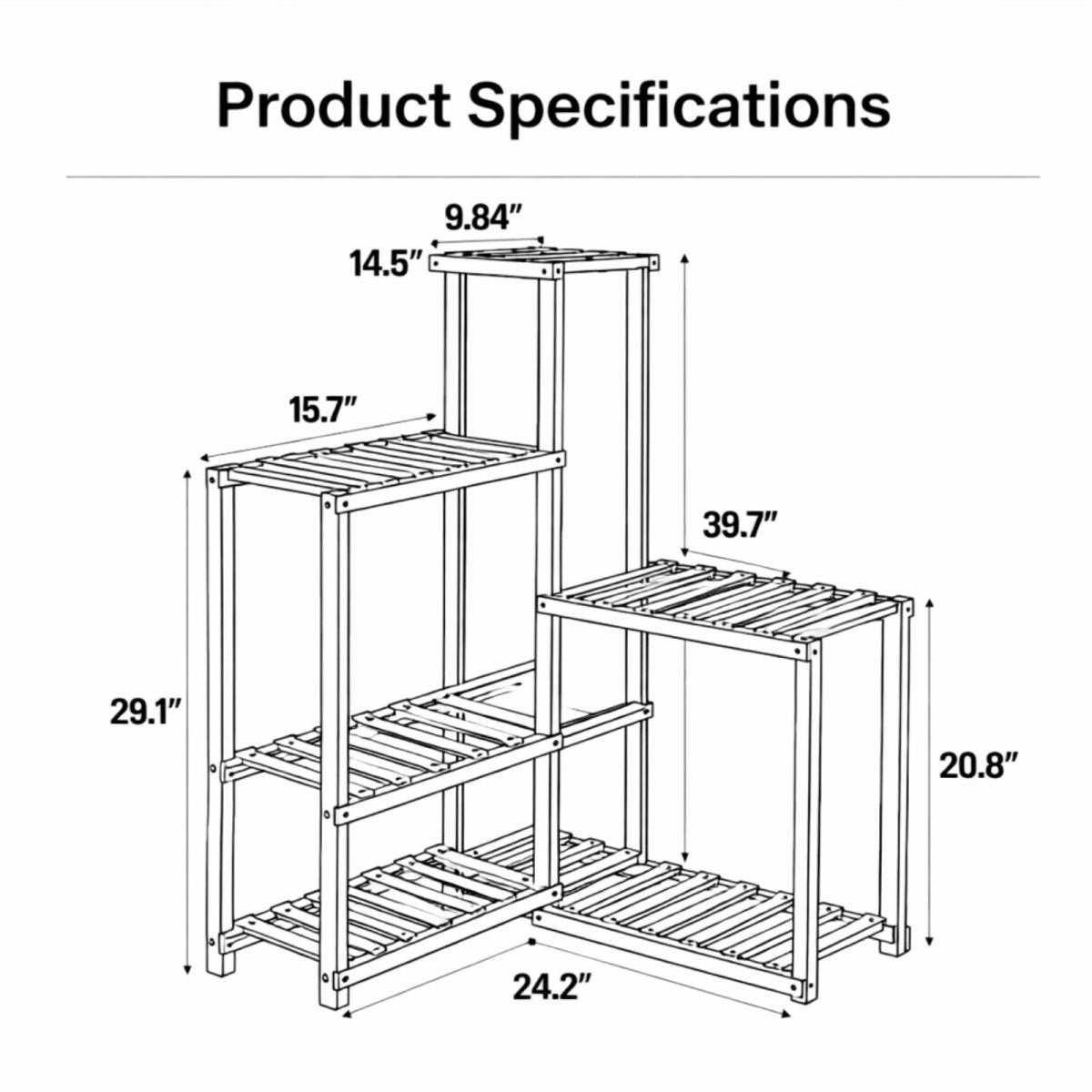 Technical dimension diagram of the Kouvr plant stand showing a total height of 39.7 inches and a width of 29.1 inches with shelf spacing details.